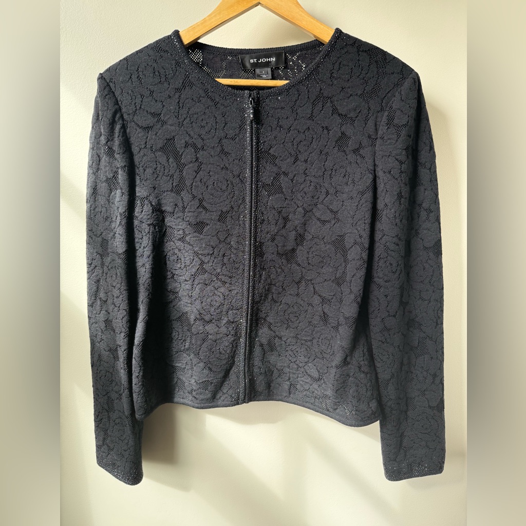 St John Jacket Cardigan Sweater Floral Lace Embellished Glam Old Money Elegant 8